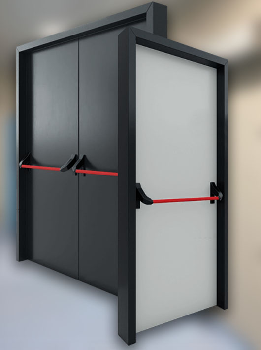 Grey double metal door design with horizontal door hardware