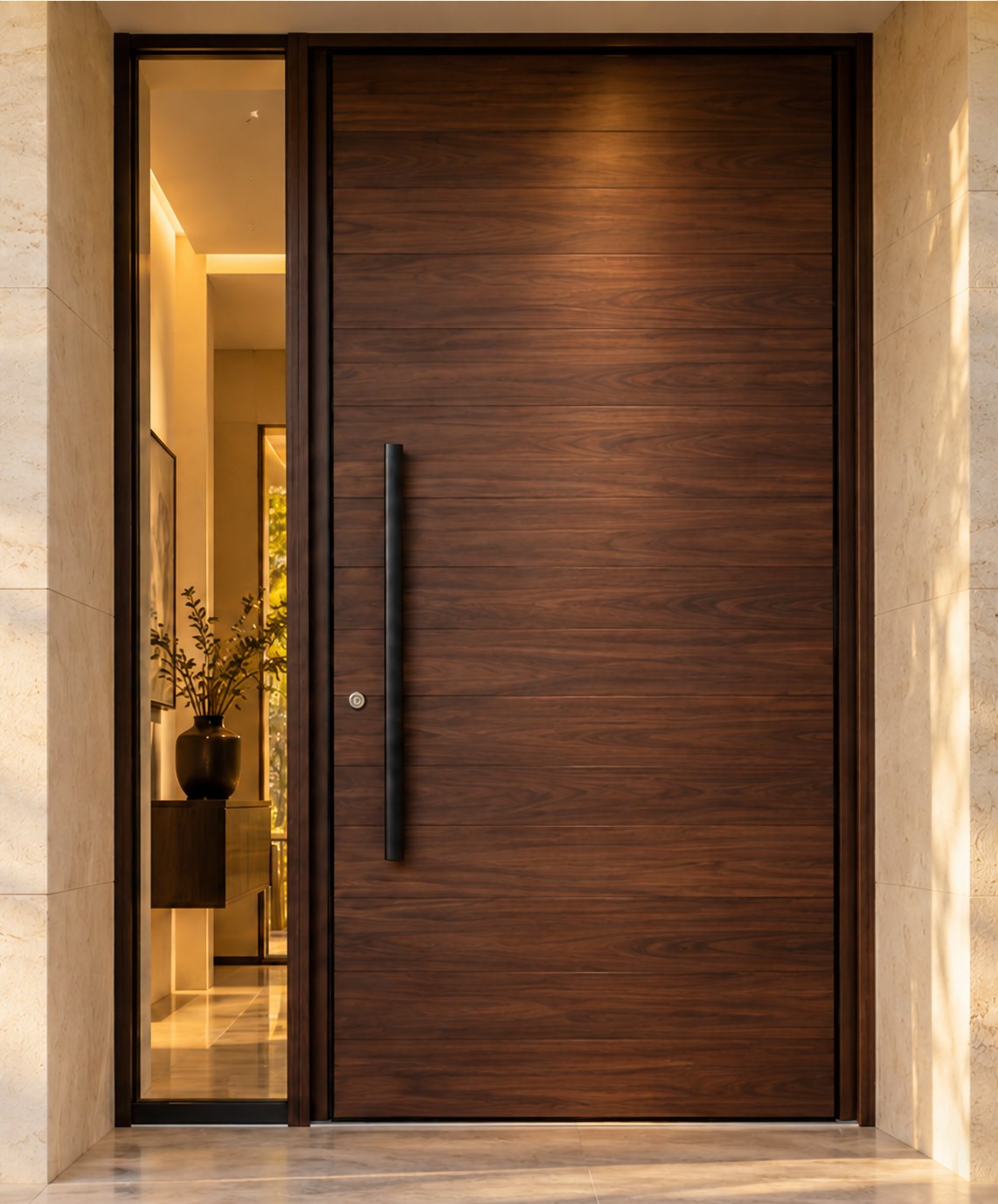 Walnut-tone entrance with a black handle and glass sidelight — design inspiration