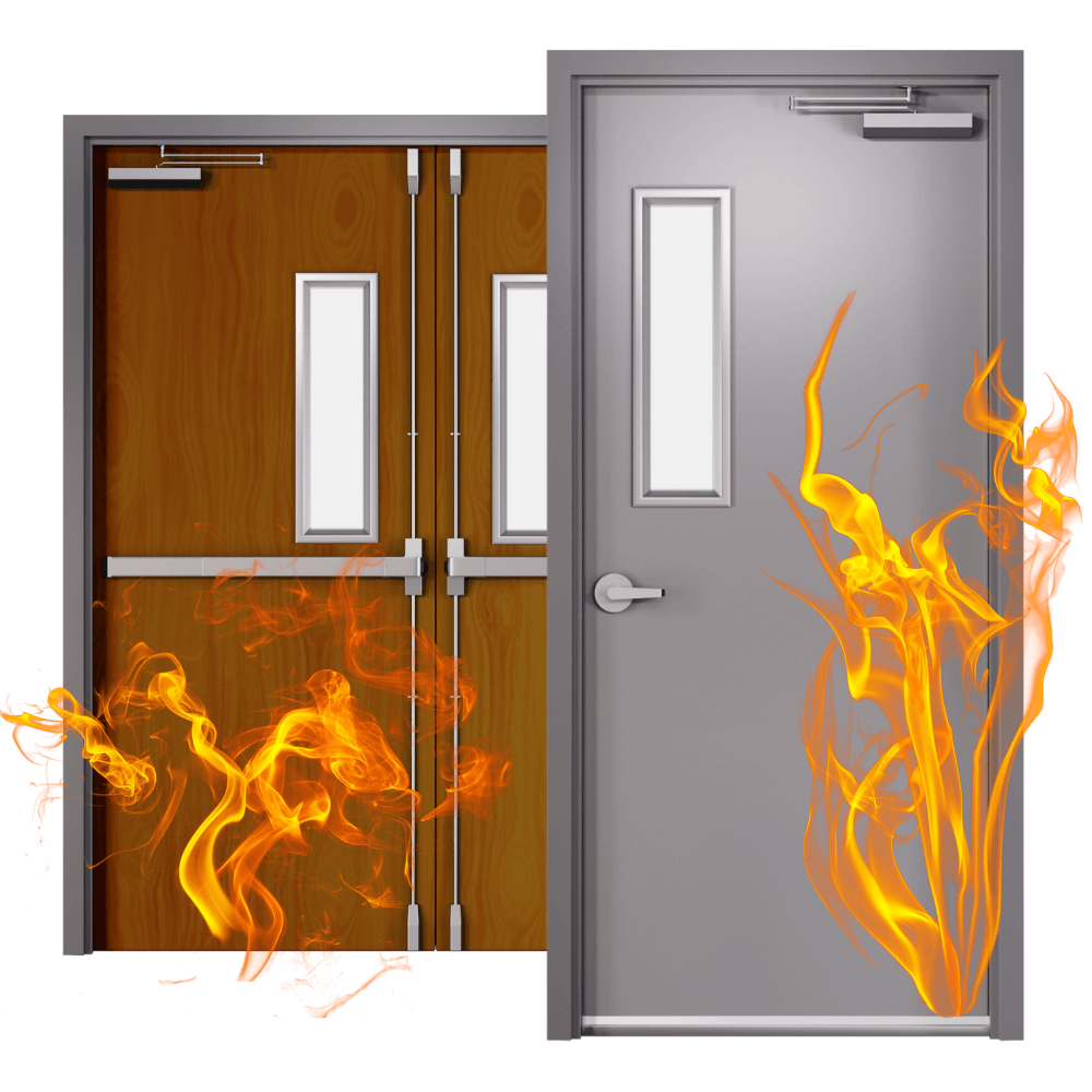 Metal door design illustration with flames representing a fire-door application