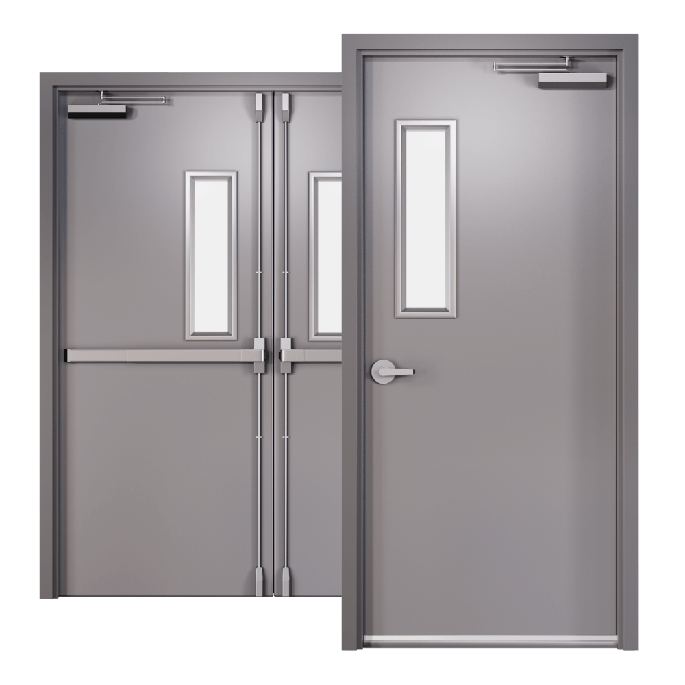 Grey single and double safety door designs — illustration