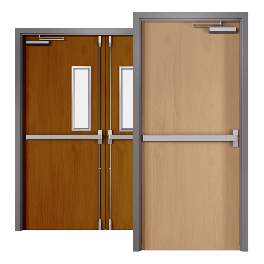 Wood-finish single and double metal door designs — illustration